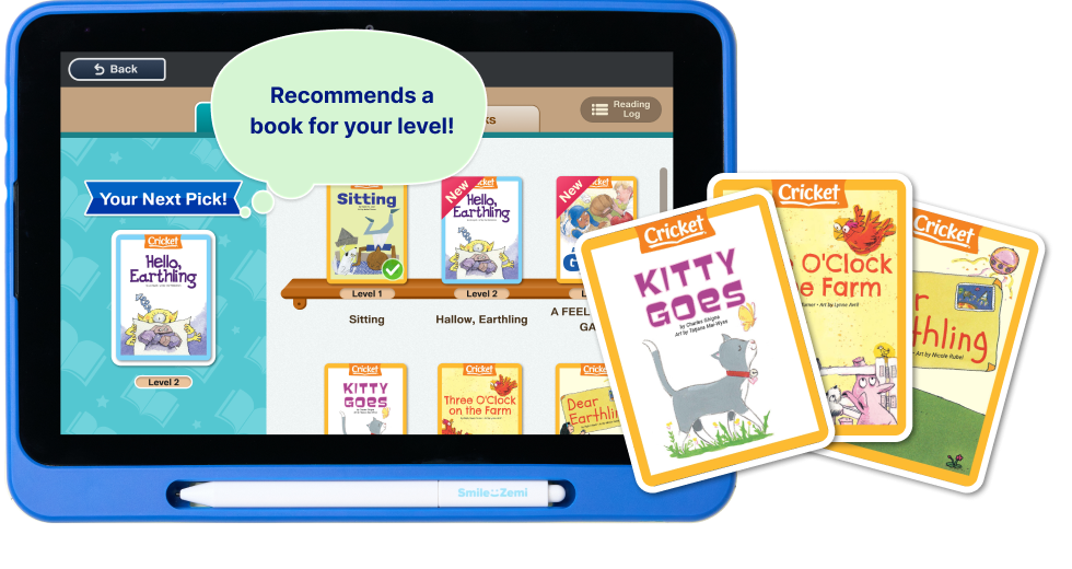 Smile Zemi's dedicated tablet displaying Books, a reading feature that recommends books based on the child's reading level, together with an illustration of the books available in the feature.